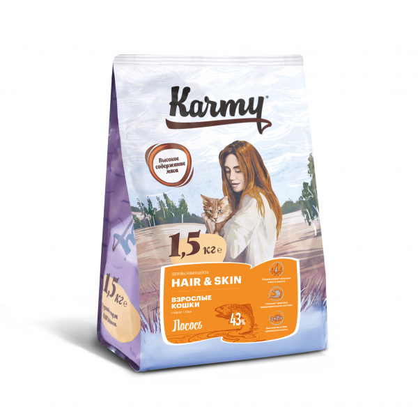 Корм Karmy Hair&Skin для кошек поддерживающий здоровье кожи и шерсти Лосось