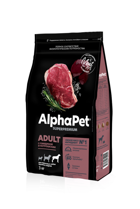 AlphaPet Сухой корм для взрослых собак крупных пород с говядиной  и потрошками